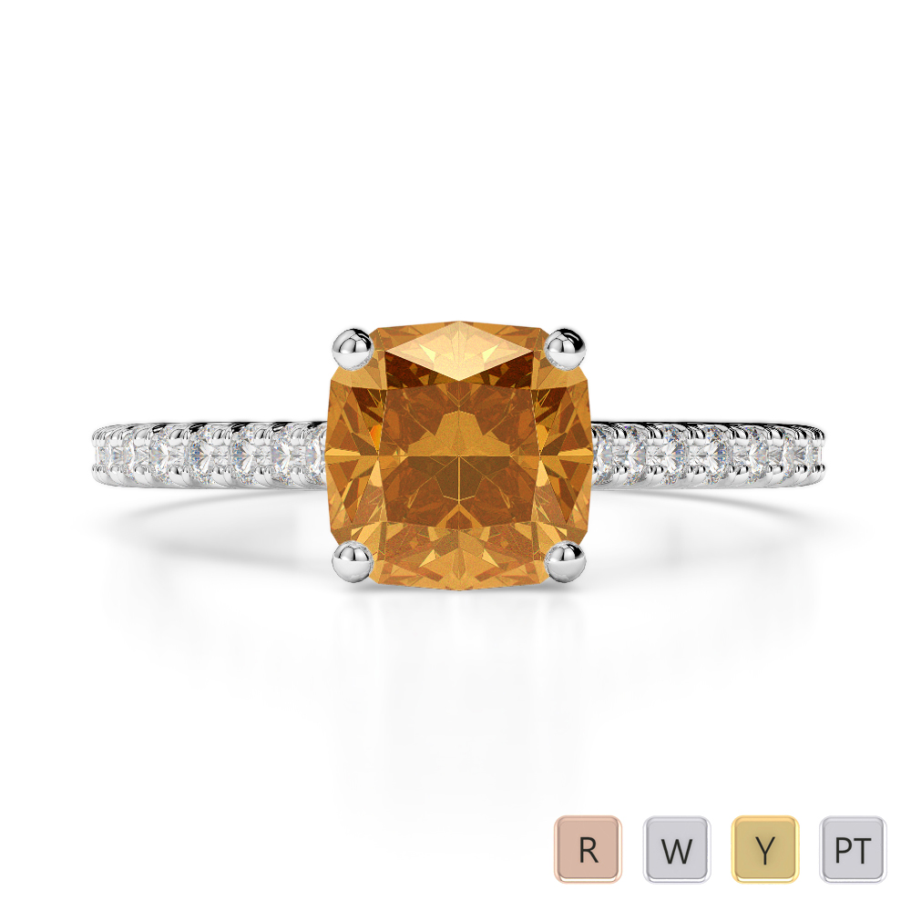 Gold / Platinum Round and Cushion Cut Citrine and Diamond Engagement Ring AGDR-1216