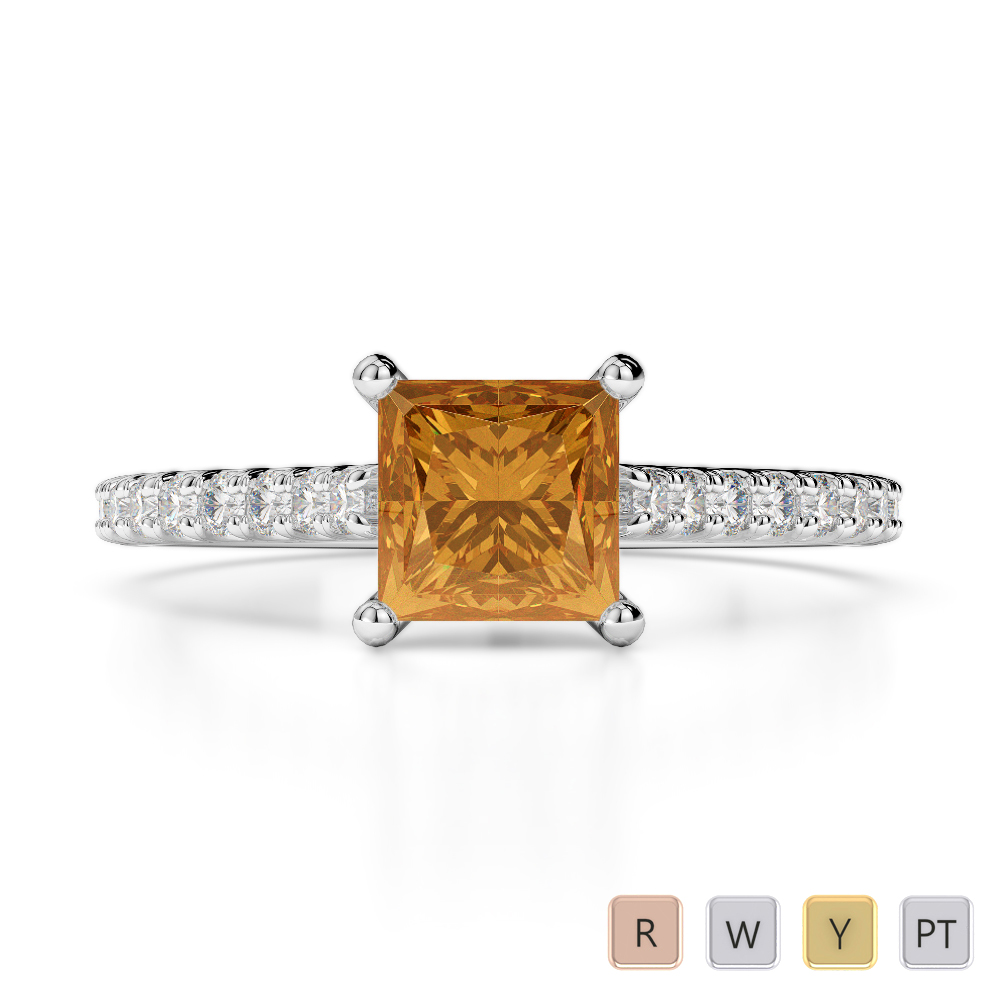 Gold / Platinum Round and Princess Cut Citrine and Diamond Engagement Ring AGDR-1217