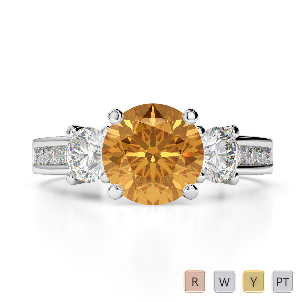 Gold / Platinum Round Cut Citrine and Diamond Engagement Ring AGDR-1218