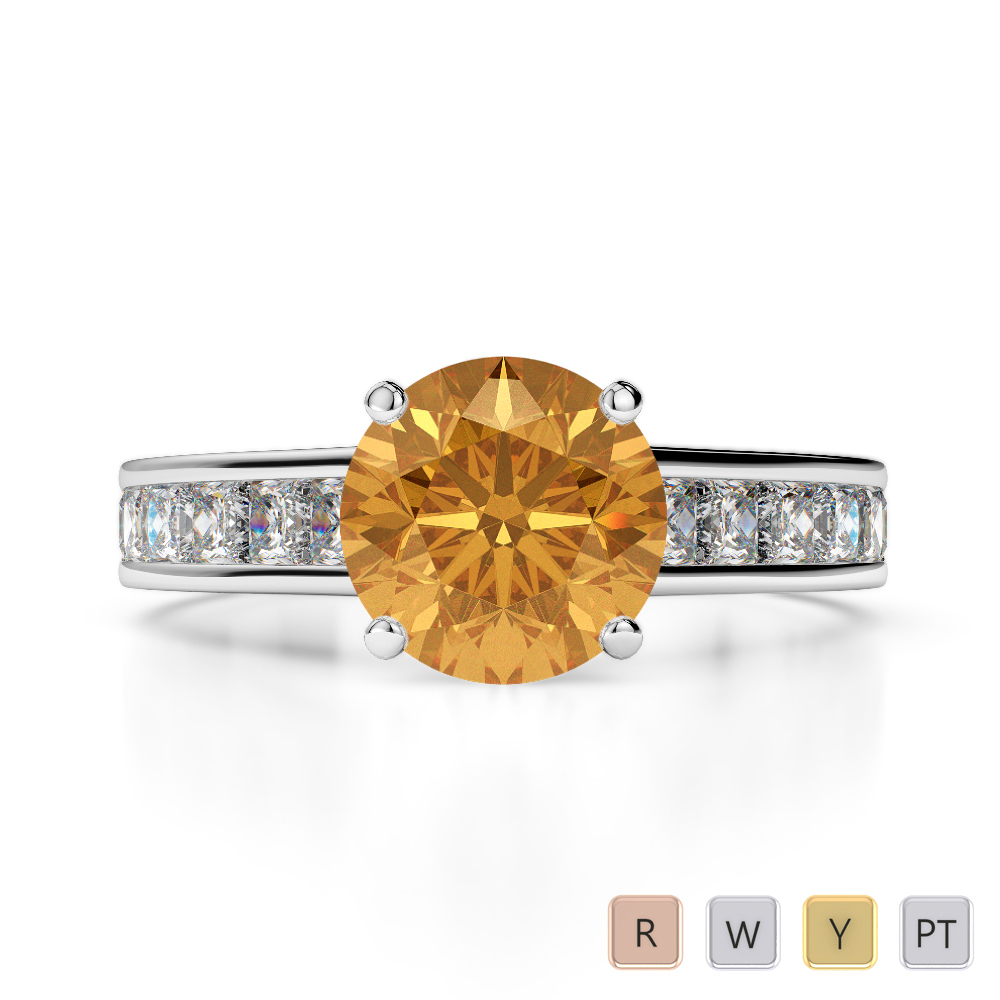 Gold / Platinum Round and Princess Cut Citrine and Diamond Engagement Ring AGDR-1224