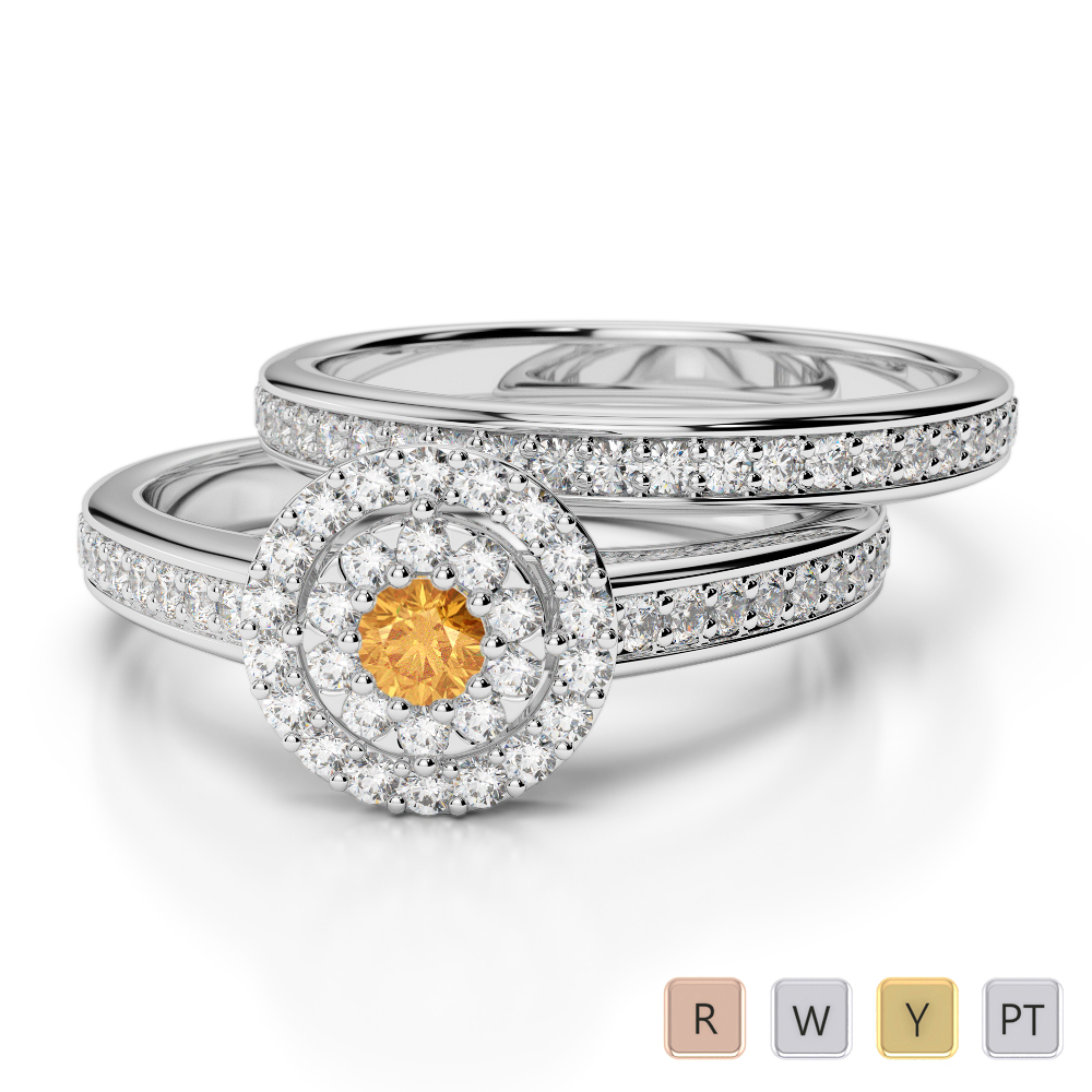Gold / Platinum Round cut Citrine and Diamond Bridal Set Ring AGDR-1239