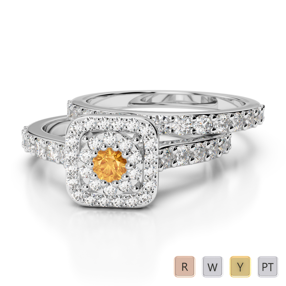 Gold / Platinum Round cut Citrine and Diamond Bridal Set Ring AGDR-1246