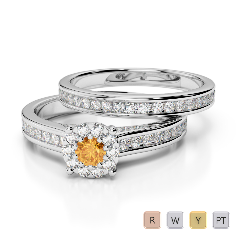 Gold / Platinum Round cut Citrine and Diamond Bridal Set Ring AGDR-1339