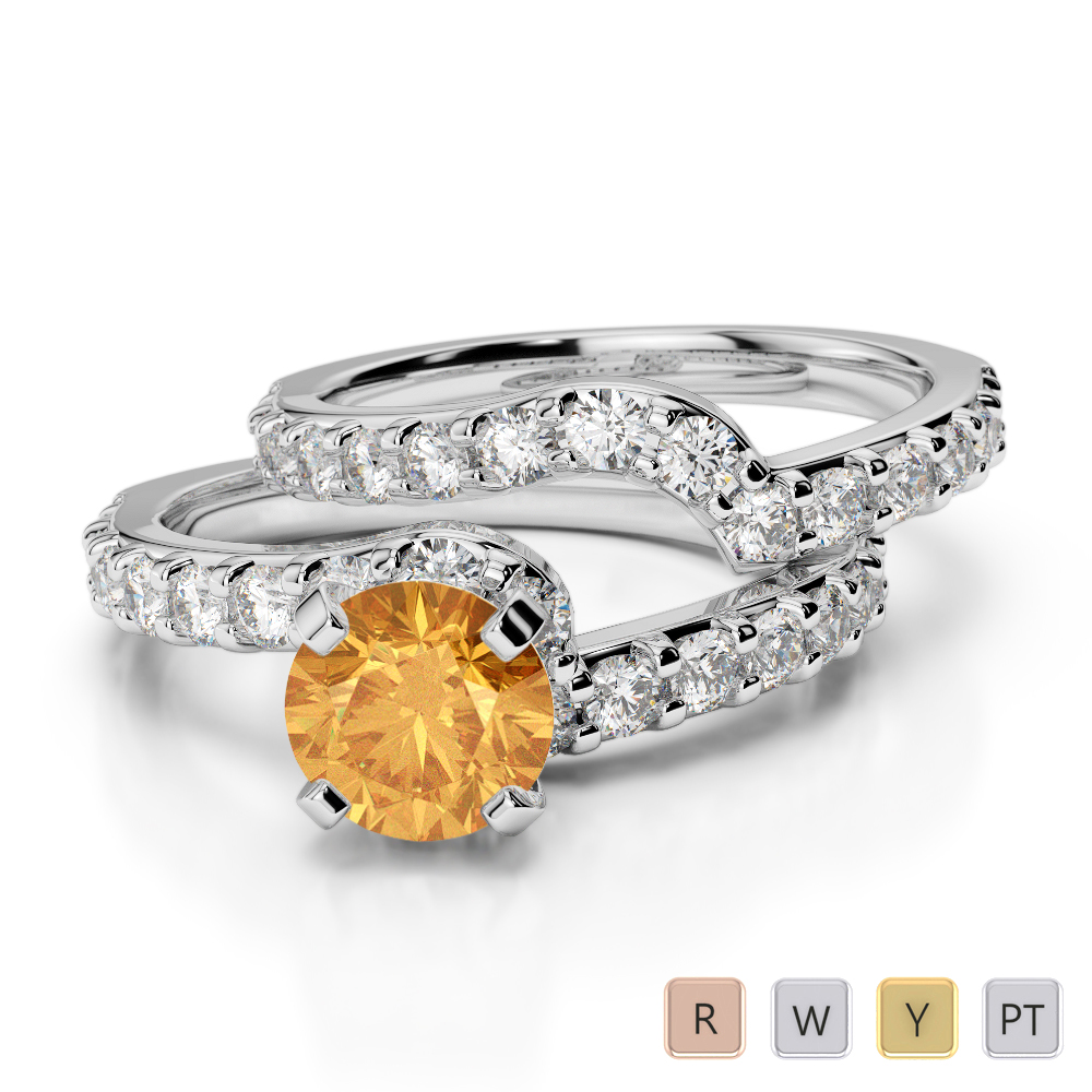 Gold / Platinum Round cut Citrine and Diamond Bridal Set Ring AGDR-2003