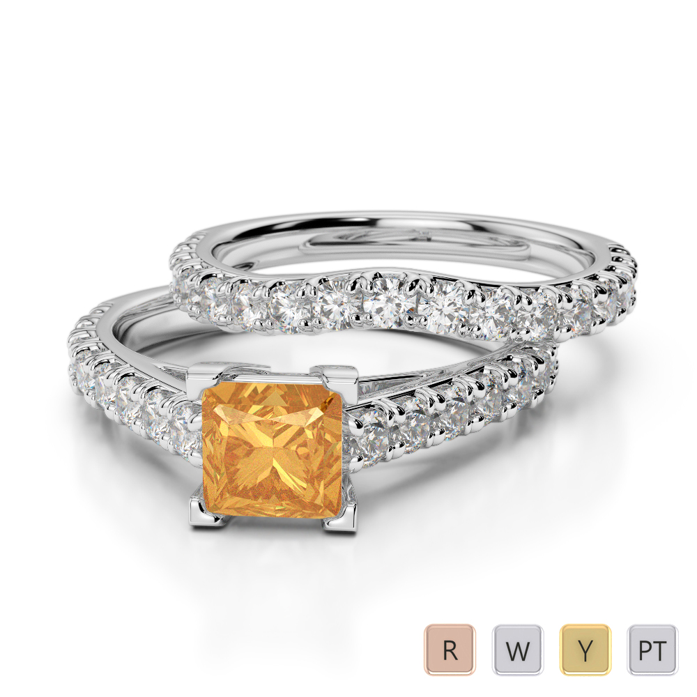 Gold / Platinum Round and Princess cut Citrine and Diamond Bridal Set Ring AGDR-2007