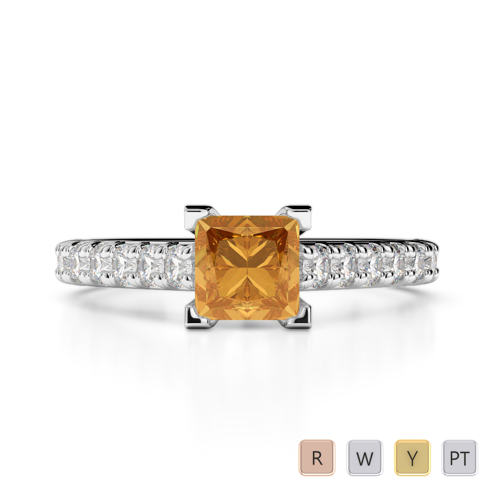 Gold / Platinum Round and Princess Cut Citrine and Diamond Engagement Ring AGDR-2008