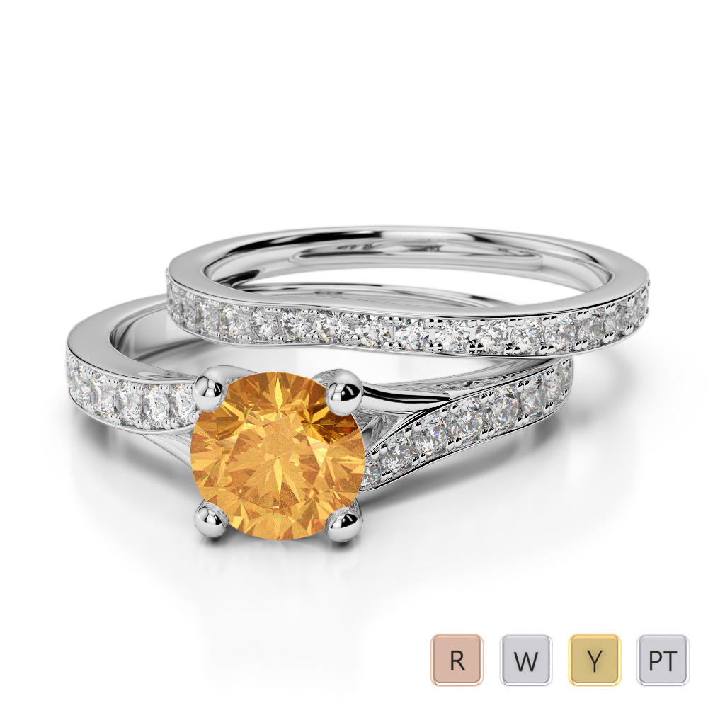 Gold / Platinum Round cut Citrine and Diamond Bridal Set Ring AGDR-2011