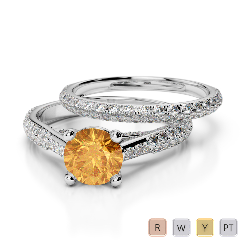 Gold / Platinum Round cut Citrine and Diamond Bridal Set Ring AGDR-2013