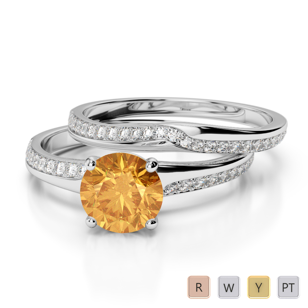 Gold / Platinum Round cut Citrine and Diamond Bridal Set Ring AGDR-2015