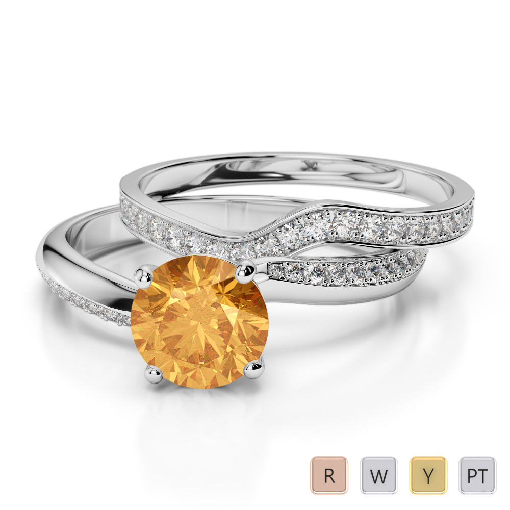 Gold / Platinum Round cut Citrine and Diamond Bridal Set Ring AGDR-2017