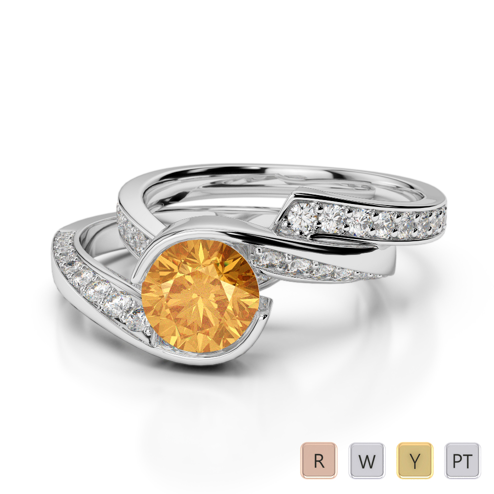 Gold / Platinum Round cut Citrine and Diamond Bridal Set Ring AGDR-2019