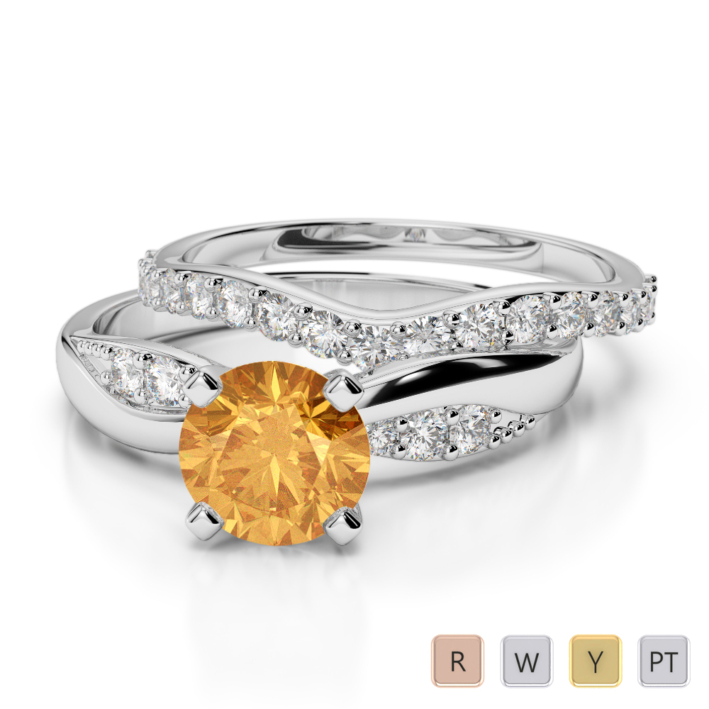 Gold / Platinum Round cut Citrine and Diamond Bridal Set Ring AGDR-2023