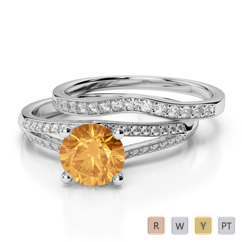 Gold / Platinum Round cut Citrine and Diamond Bridal Set Ring AGDR-2037