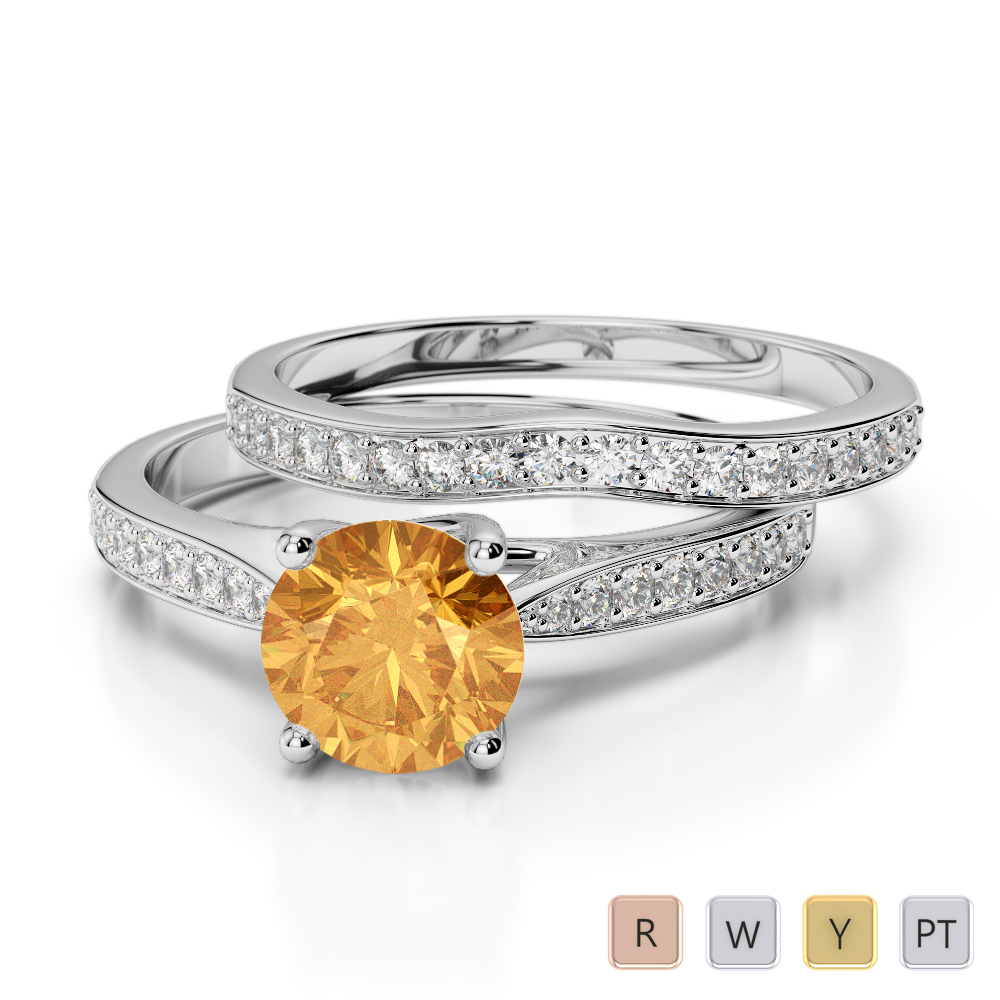 Gold / Platinum Round cut Citrine and Diamond Bridal Set Ring AGDR-2053