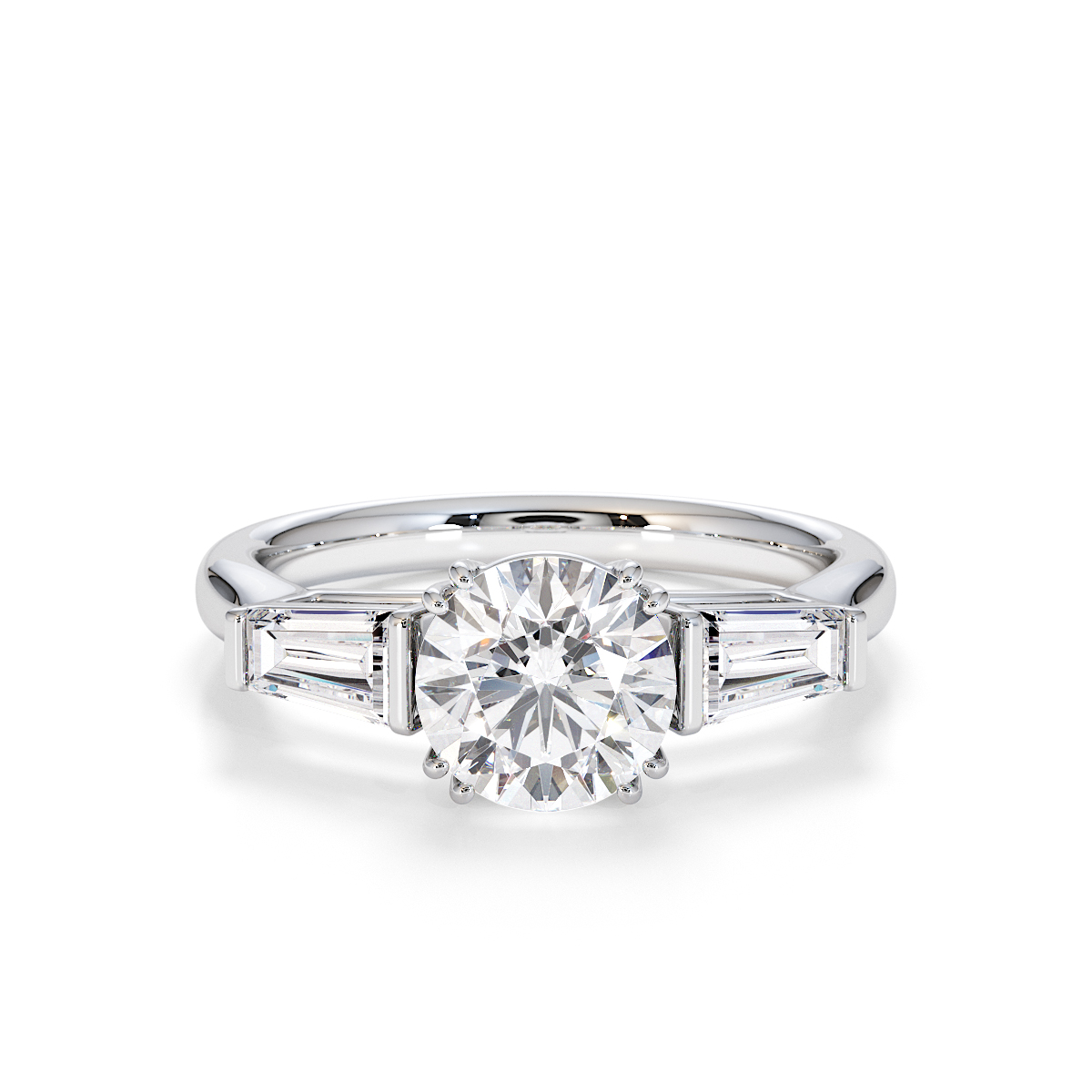Round and Tapered Baguette Three Stone Lab Diamond Engagement Ring Gold / Platinum
