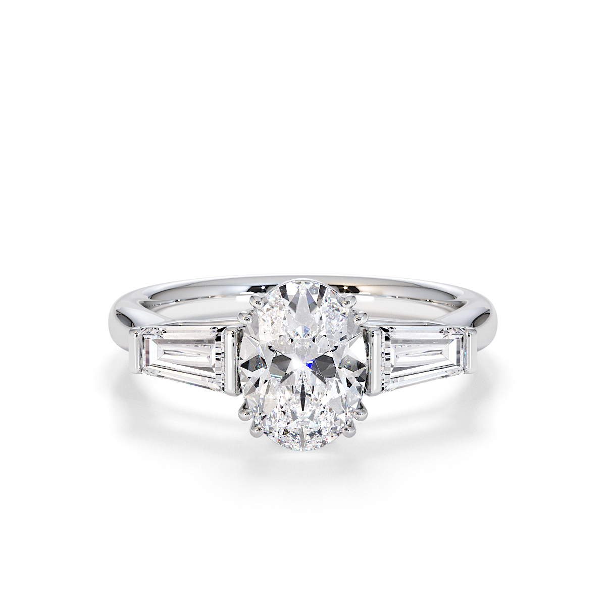 Oval and Tapered Baguette Three Stone Lab Diamond Engagement Ring Gold / Platinum