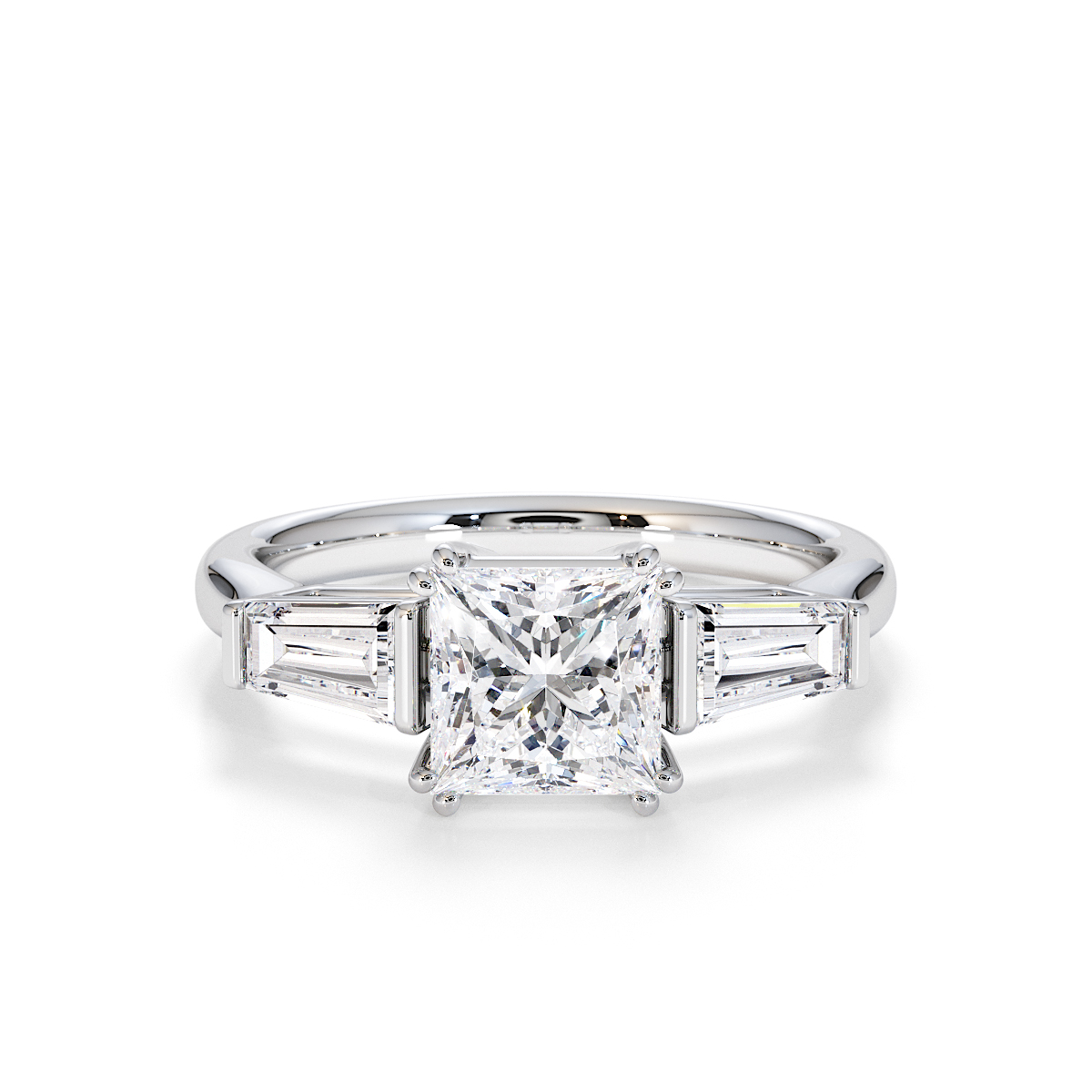 Princess and Tapered Baguette Three Stone Lab Diamond Engagement Ring Gold / Platinum