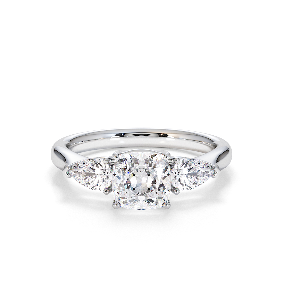 Cushion and Pear Three Stone Lab Diamond Engagement Ring Gold / Platinum