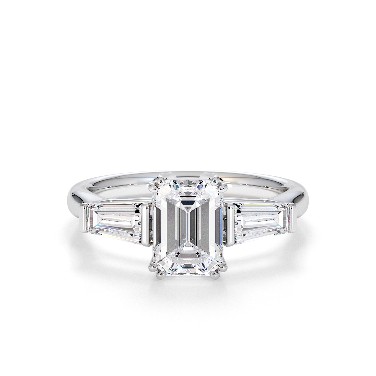 Emerald and Tapered Baguette Three Stone Lab Diamond Engagement Ring Gold / Platinum