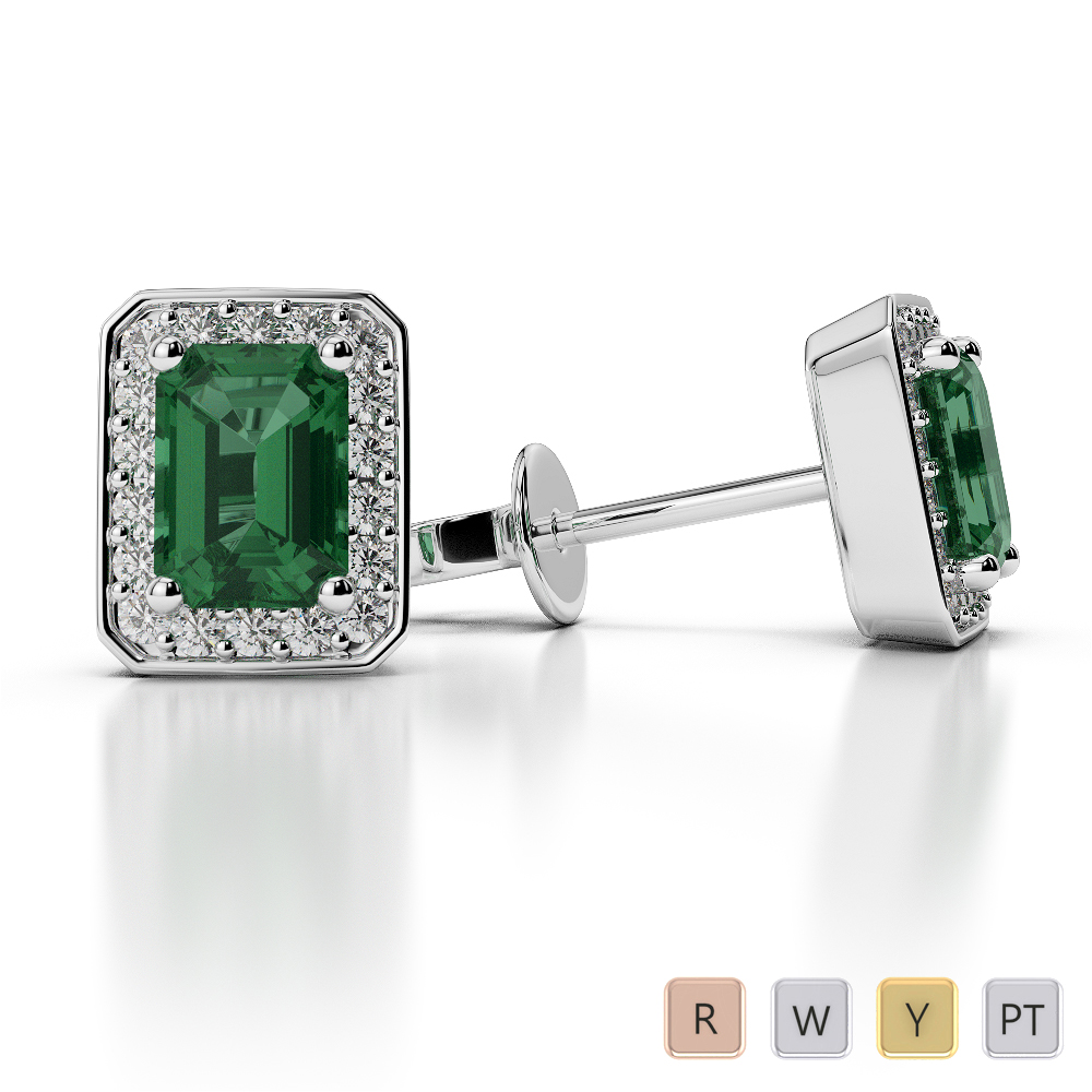 Emerald Earrings With Round Cut Diamond in Gold / Platinum AGER-1063-Lab