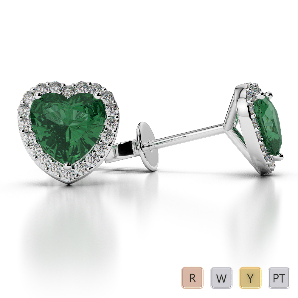 Heart Shape Emerald & Round Diamond Earrings in Gold / Platinum AGER-1064-Lab