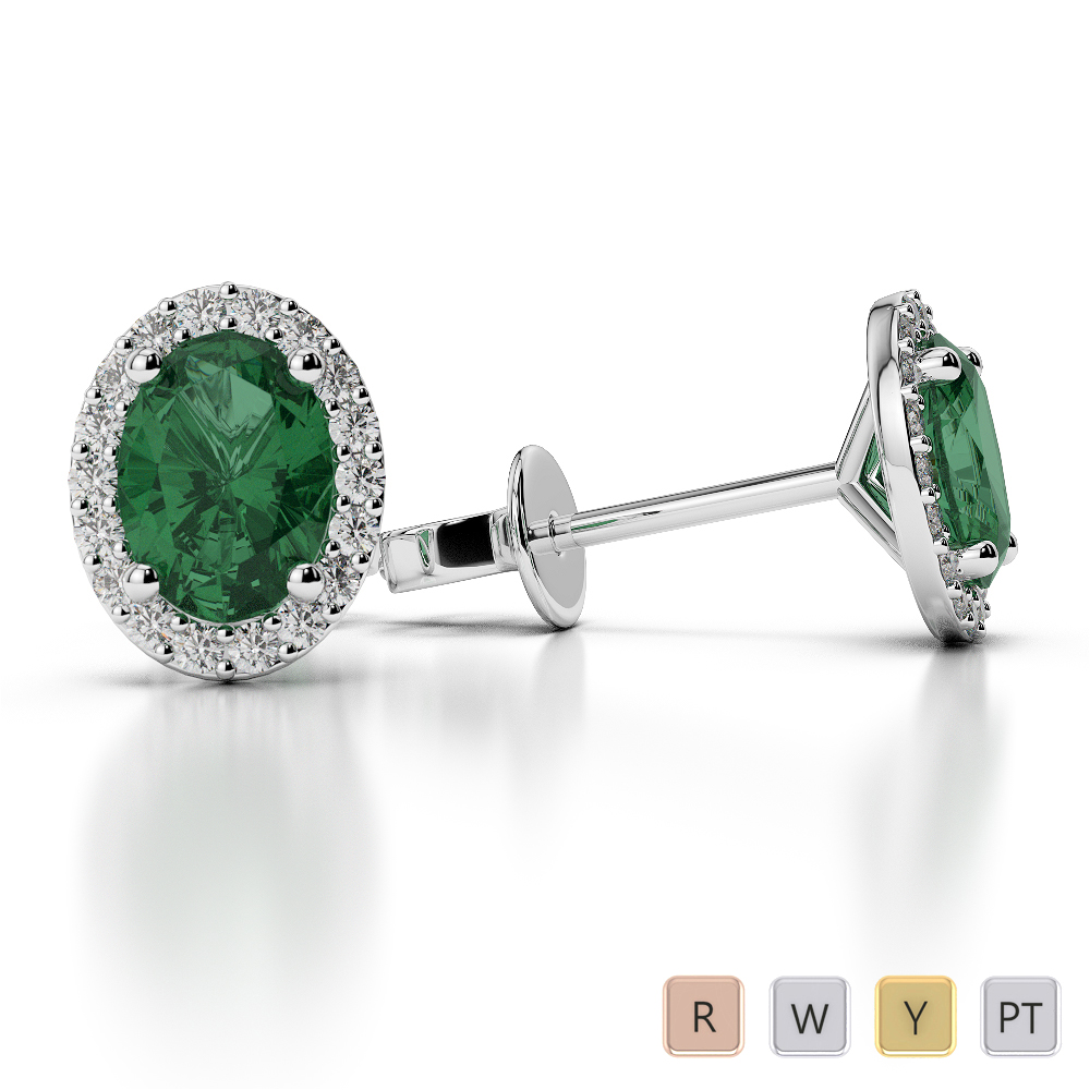 Oval Shape Emerald & Round Cut Diamond Earrings in Gold / Platinum AGER-1072-Lab