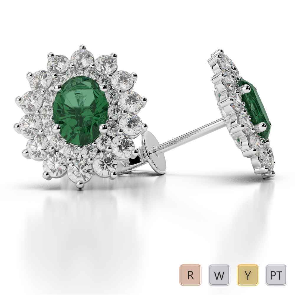 Emerald Earrings With Round Cut Diamond in Gold / Platinum AGER-1073-Lab
