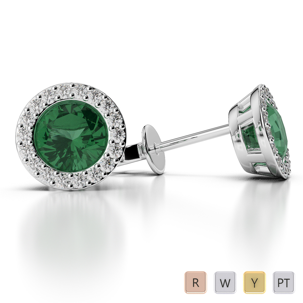 Round Shape Emerald and Diamond Earrings in Gold / Platinum AGER-1075-Lab