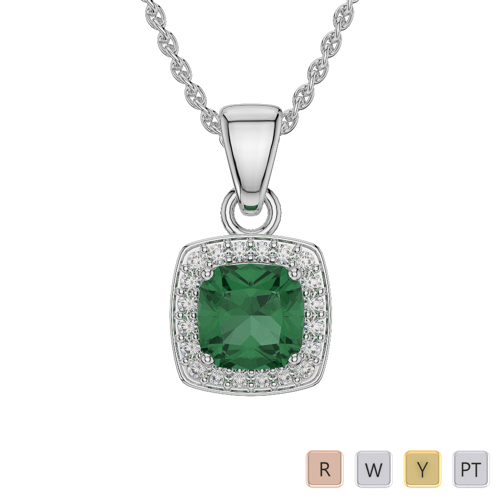 Cushion Shape Emerald and Diamond Necklaces in Gold / Platinum AGDNC-1061-Lab