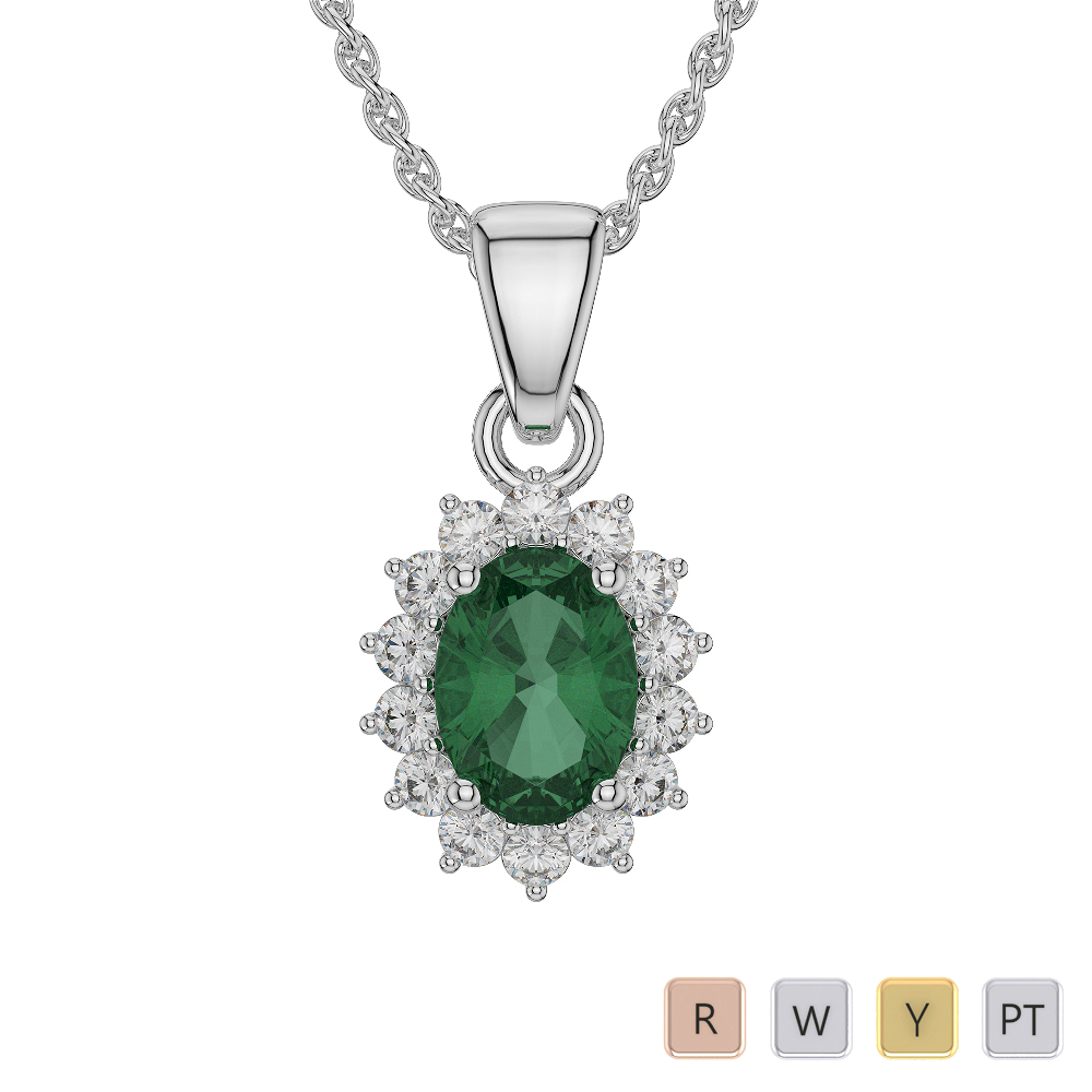 Oval Shape Emerald and Diamond Necklaces in Gold / Platinum AGDNC-1071-Lab
