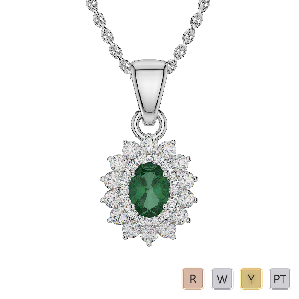 Oval Shape Emerald and Diamond Necklaces in Gold / Platinum AGDNC-1073-Lab