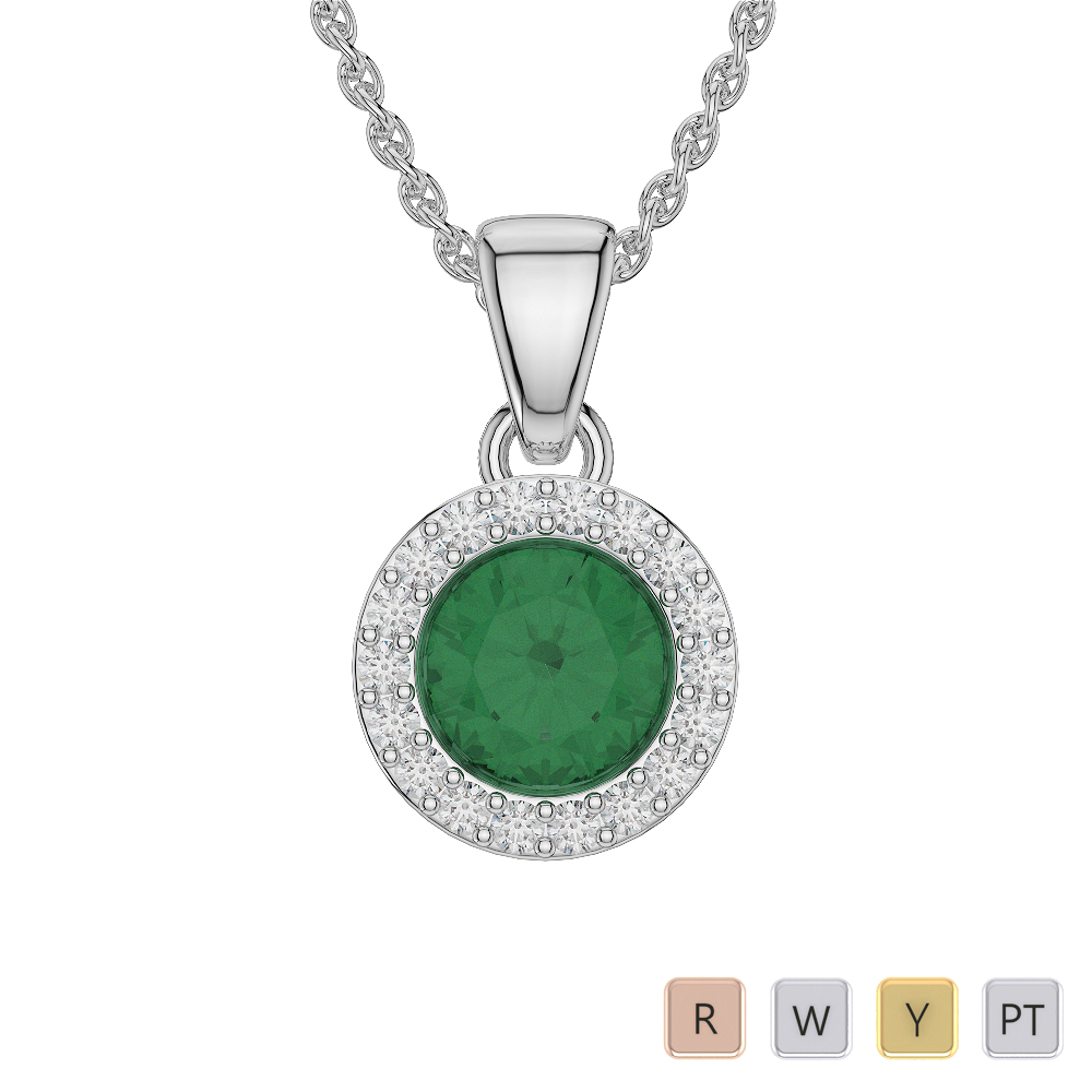 Round Shape Emerald and Diamond Necklaces in Gold / Platinum AGDNC-1075-Lab