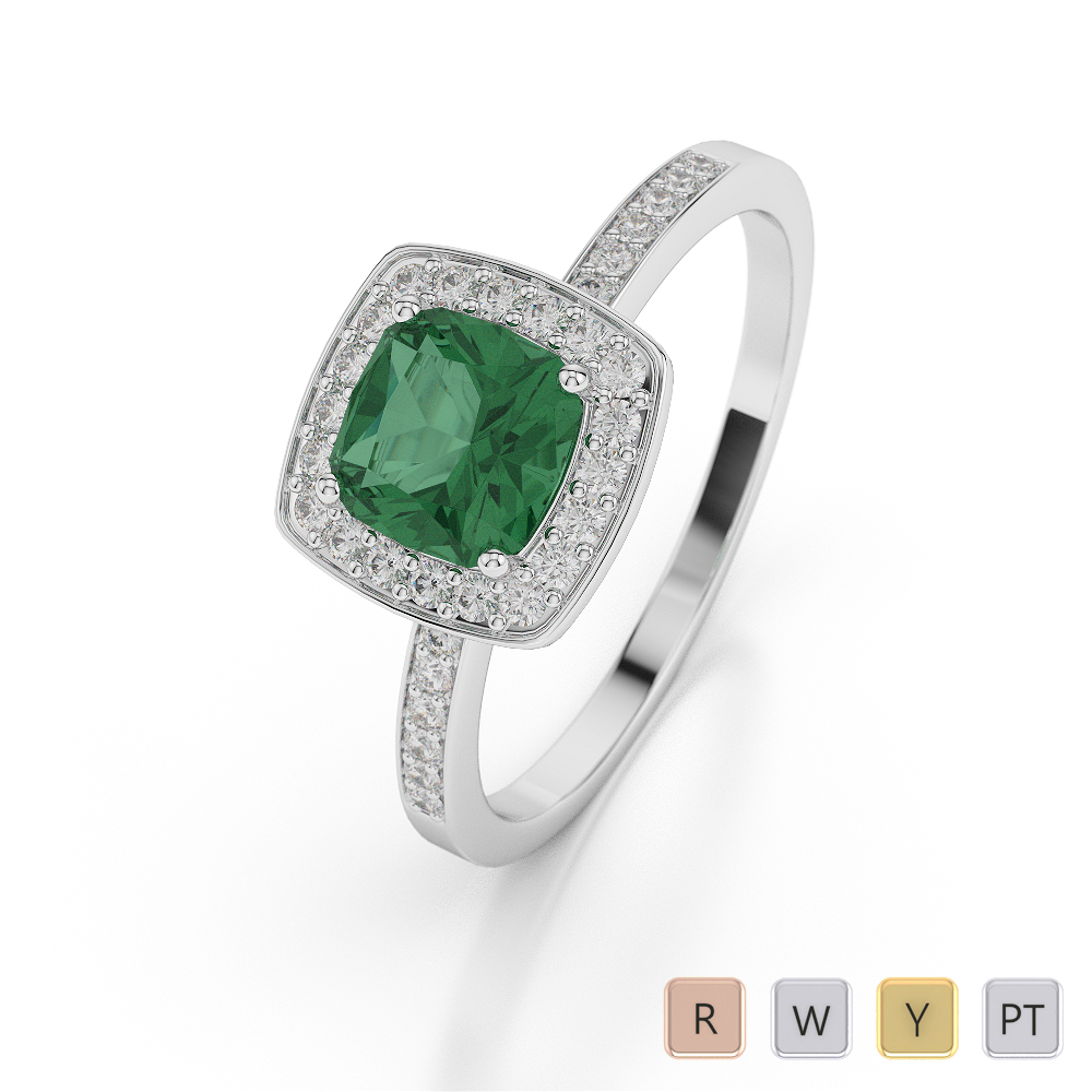 Gold / Platinum Cushion Shape Emerald and Diamond Ring AGDR-1061