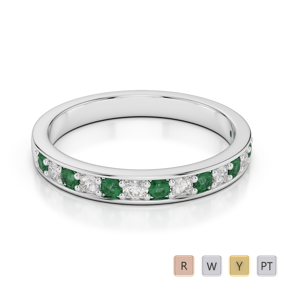 2.5 MM Gold / Platinum Round Cut Emerald and Diamond Half Eternity Ring AGDR-1083
