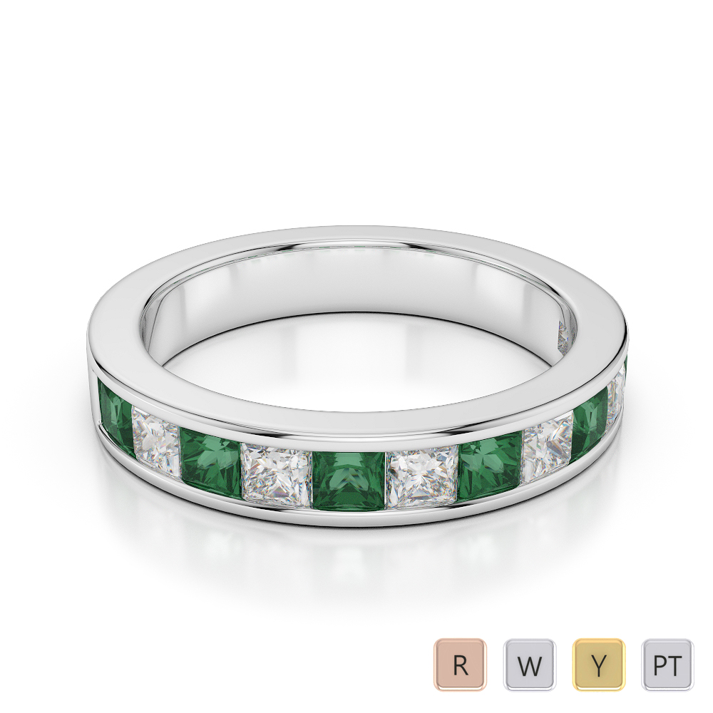 4 MM Gold / Platinum Princess Cut Emerald and Diamond Half Eternity Ring AGDR-1137
