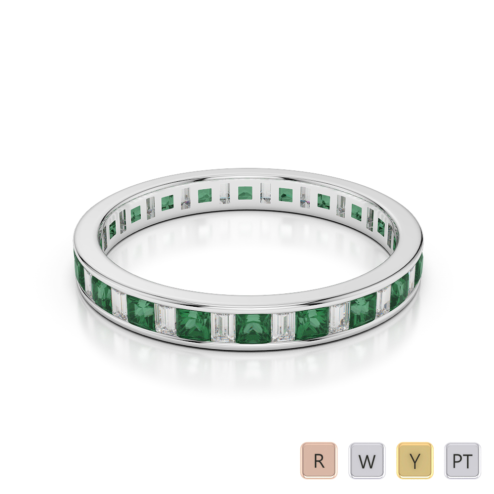 3 MM Gold / Platinum Princess and Baguette Cut Emerald and Diamond Full Eternity Ring AGDR-1140