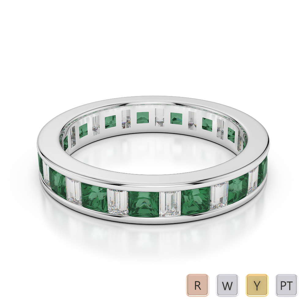 4 MM Gold / Platinum Princess and Baguette Cut Emerald and Diamond Full Eternity Ring AGDR-1141