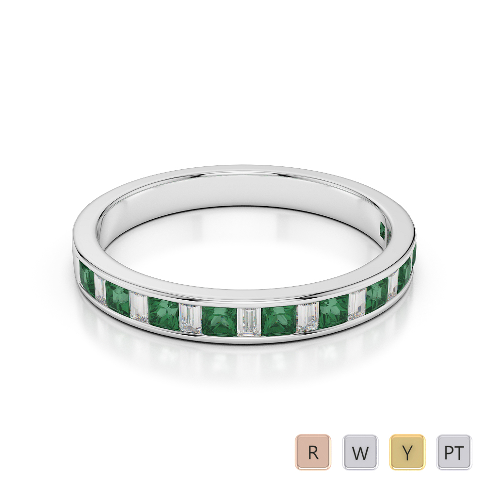 3 MM Gold / Platinum Princess and Baguette Cut Emerald and Diamond Half Eternity Ring AGDR-1142