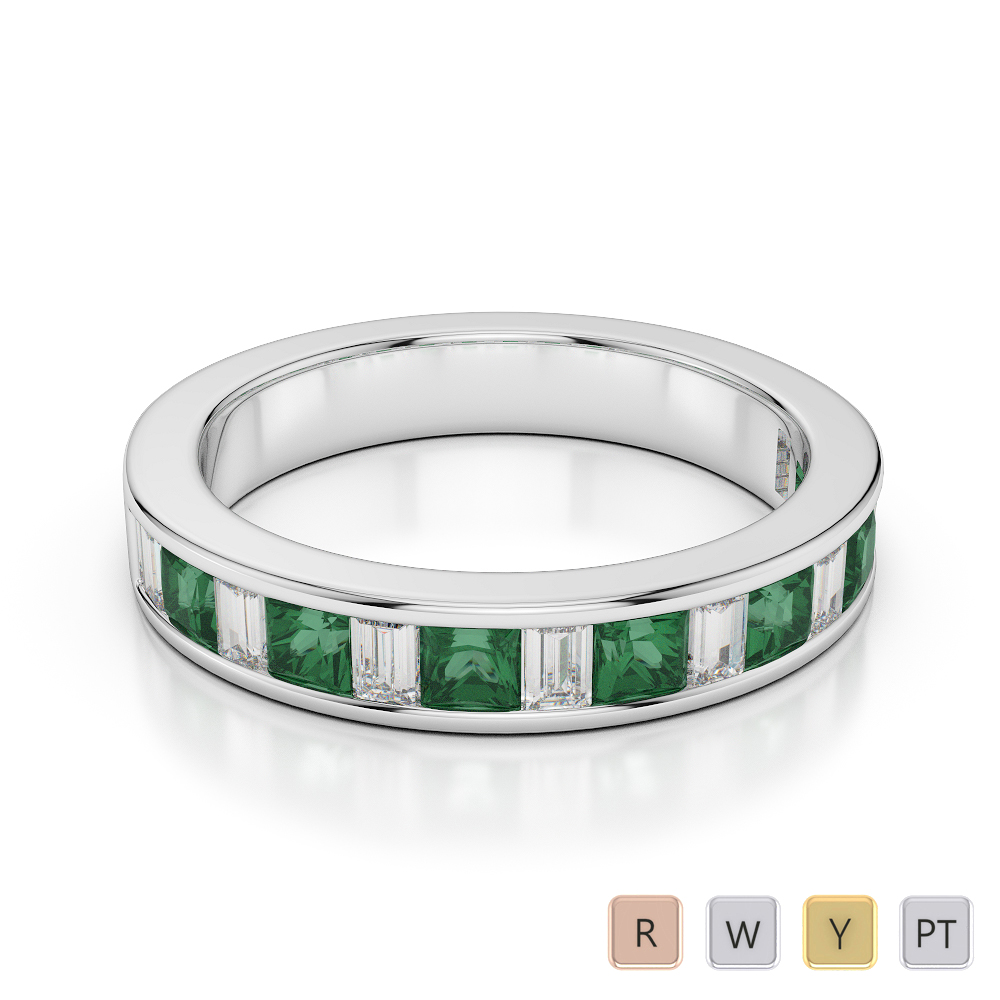 4 MM Gold / Platinum Princess and Baguette Cut Emerald and Diamond Half Eternity Ring AGDR-1143