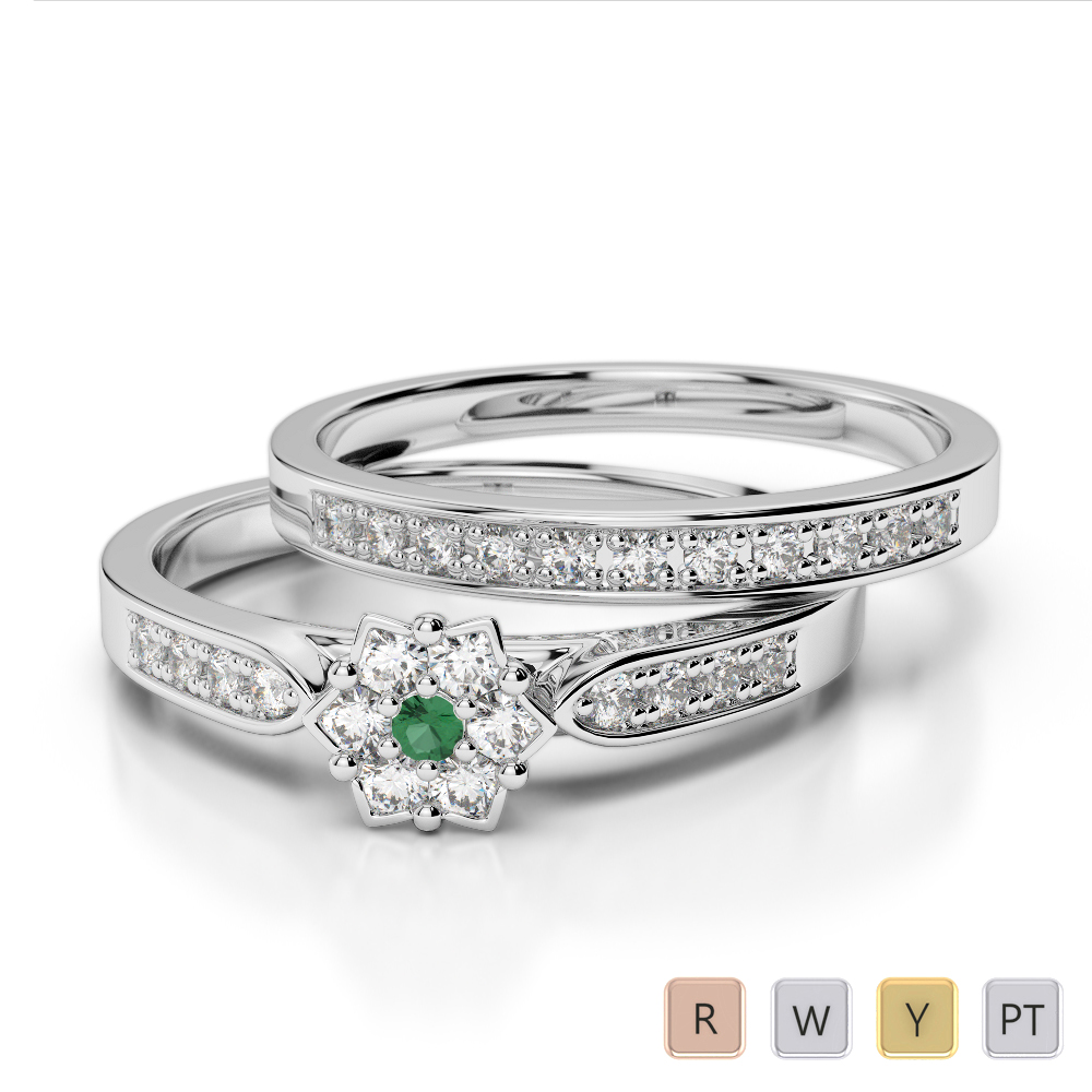Gold / Platinum Round cut Emerald and Diamond Bridal Set Ring AGDR-1051