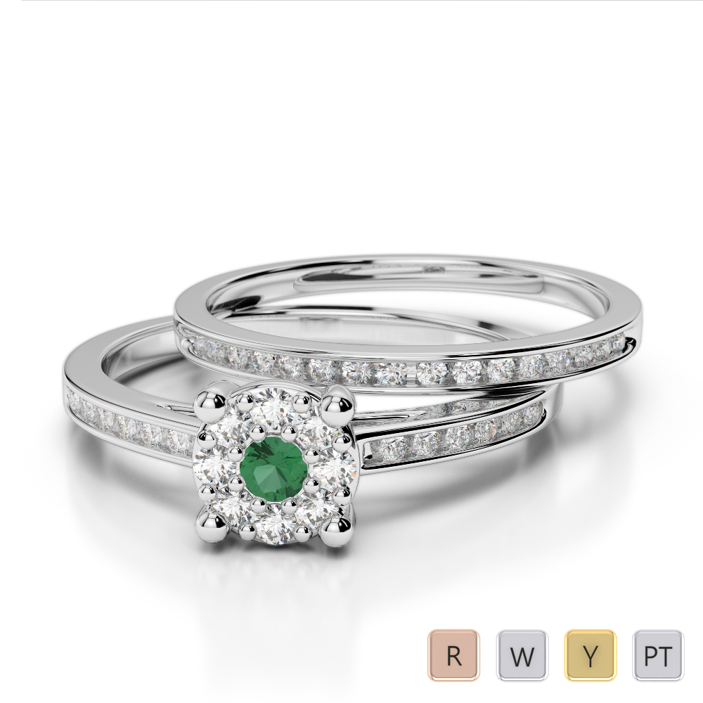 Gold / Platinum Round cut Emerald and Diamond Bridal Set Ring AGDR-1052