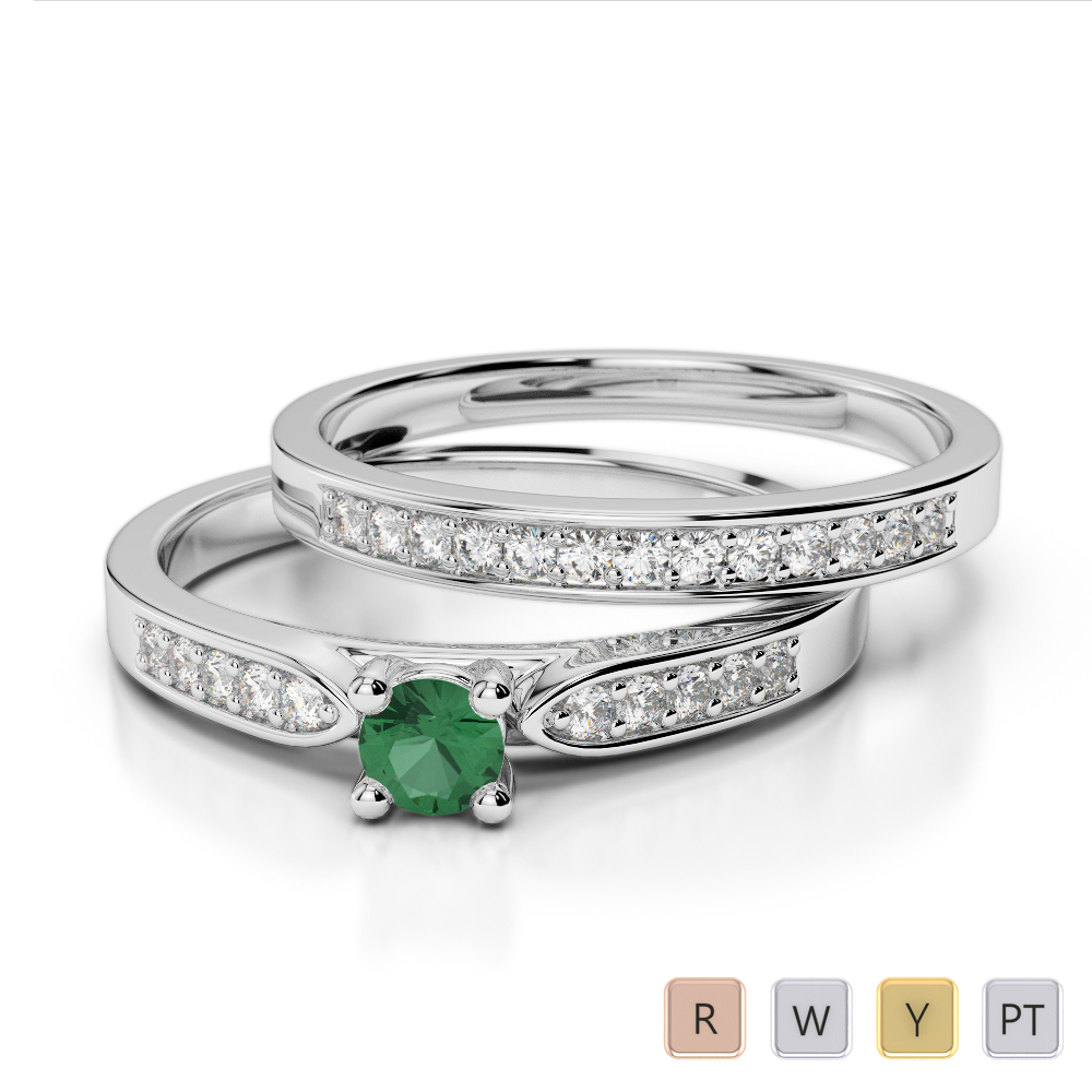 Gold / Platinum Round cut Emerald and Diamond Bridal Set Ring AGDR-1054