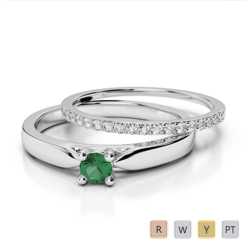 Gold / Platinum Round cut Emerald and Diamond Bridal Set Ring AGDR-1055