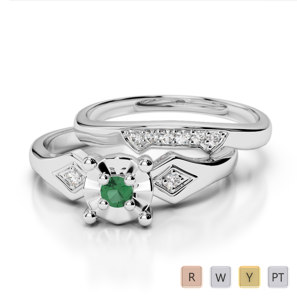 Gold / Platinum Round cut Emerald and Diamond Bridal Set Ring AGDR-1058