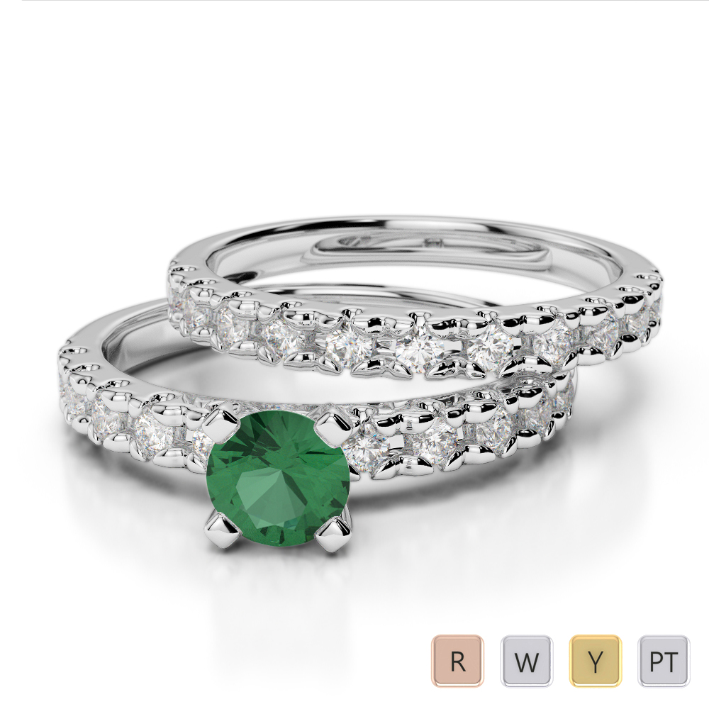 Gold / Platinum Round cut Emerald and Diamond Bridal Set Ring AGDR-1144