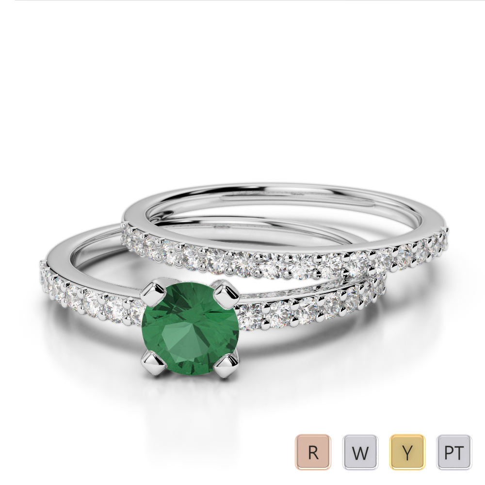 Gold / Platinum Round cut Emerald and Diamond Bridal Set Ring AGDR-1146
