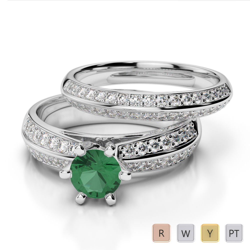 Gold / Platinum Round cut Emerald and Diamond Bridal Set Ring AGDR-1147