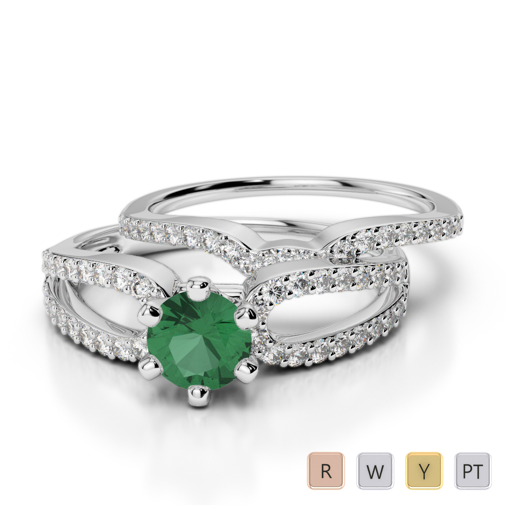 Gold / Platinum Round cut Emerald and Diamond Bridal Set Ring AGDR-1148
