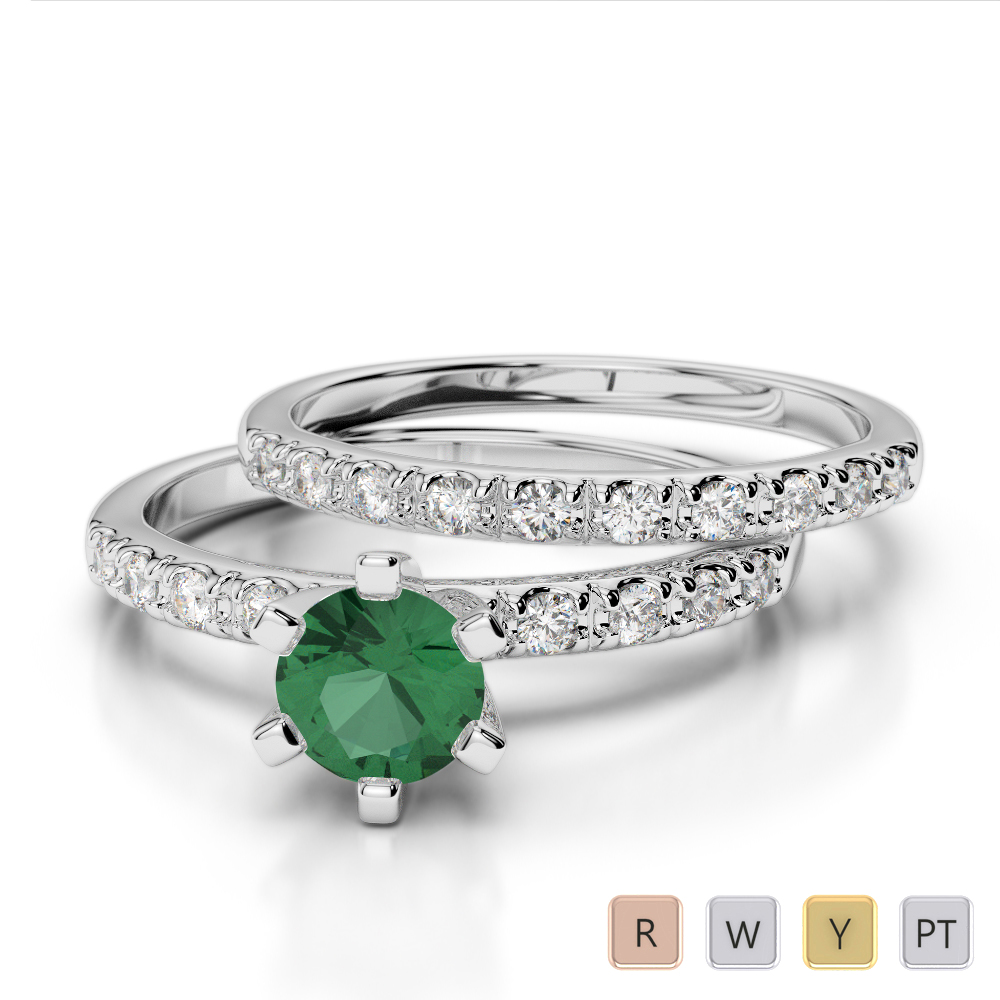 Gold / Platinum Round cut Emerald and Diamond Bridal Set Ring AGDR-1149