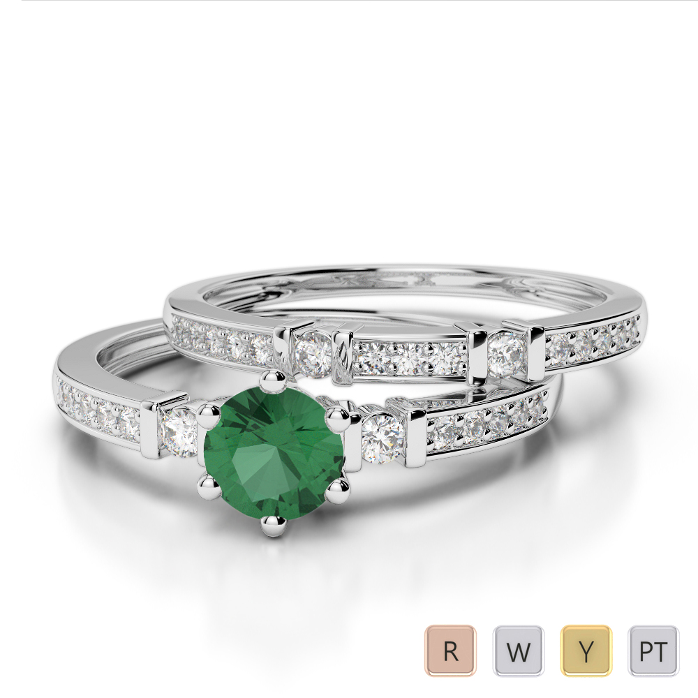 Gold / Platinum Round cut Emerald and Diamond Bridal Set Ring AGDR-1150